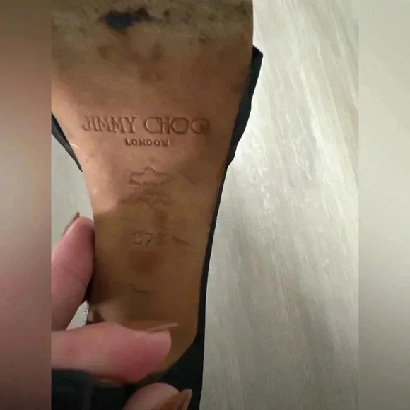 Jimmy Choo Black Satin Ankle Strap Bow Heels Sandals Women's Size 37 - Picture 7 of 7